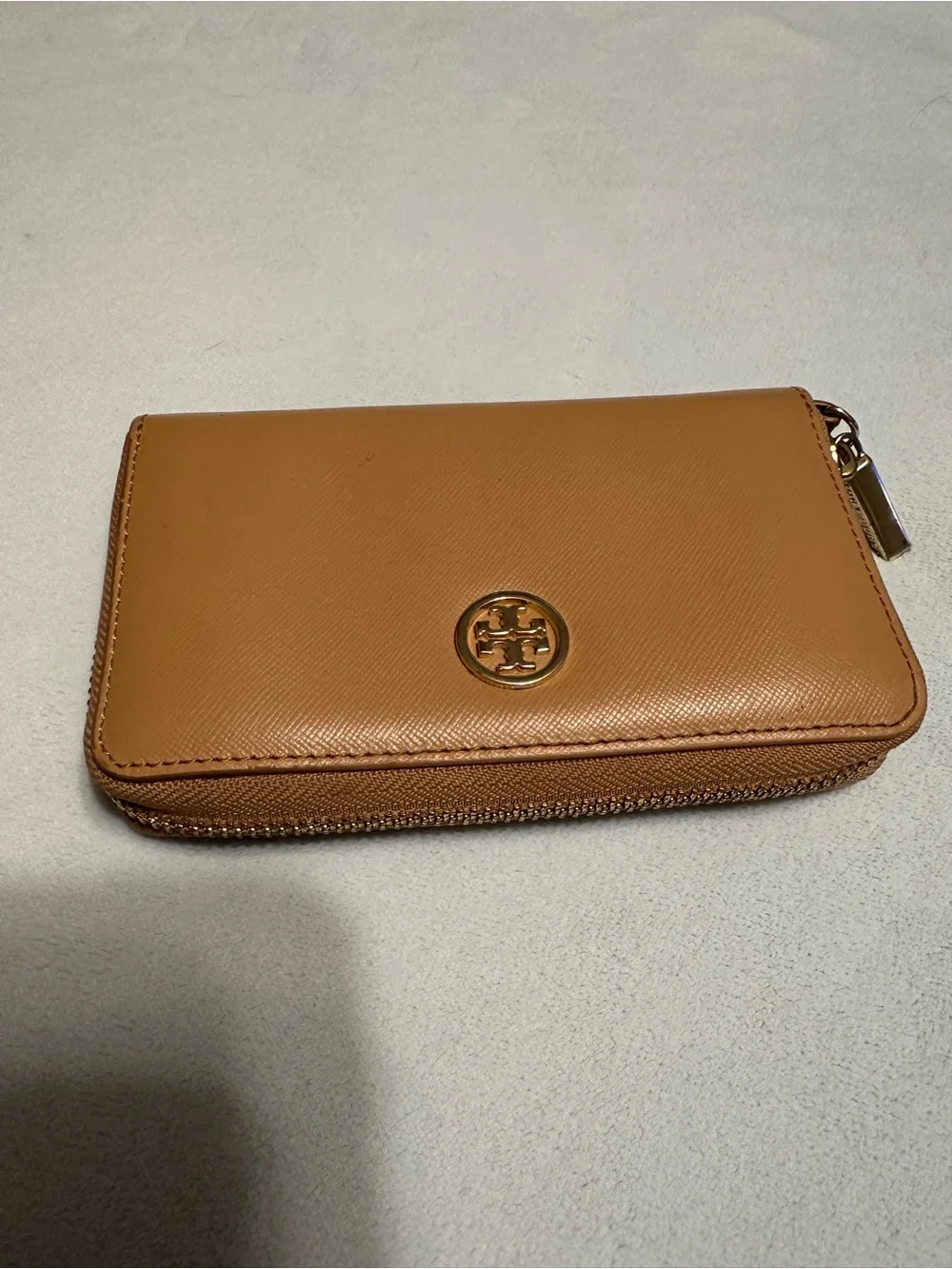 Tory Burch Beige Saffiano Leather Zip Card Holder
